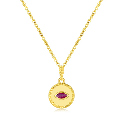 Vintage 925 Sterling Silver Gold Plated Round Devil's Eye Simulated Ruby Pendant Necklace