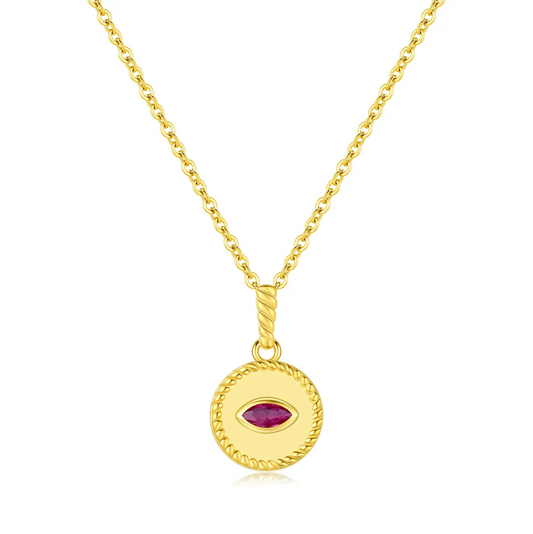 Vintage 925 Sterling Silver Gold Plated Round Devil's Eye Simulated Ruby Pendant Necklace