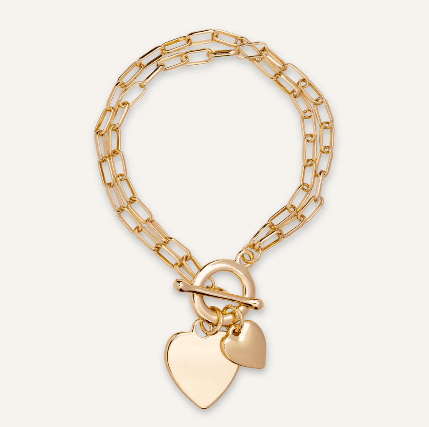 t-bar double heart gold chain braclet