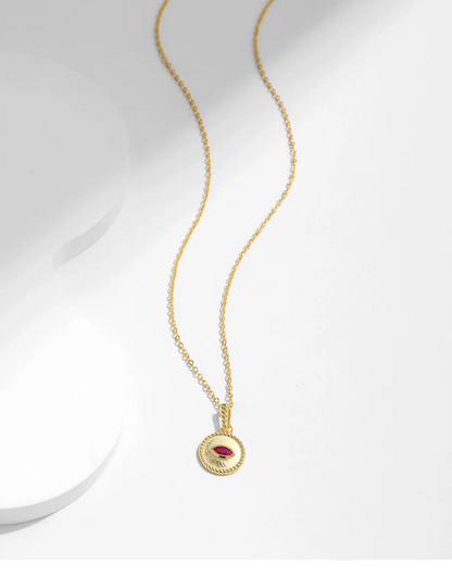 Vintage 925 Sterling Silver Gold Plated Round Devil's Eye Simulated Ruby Pendant Necklace